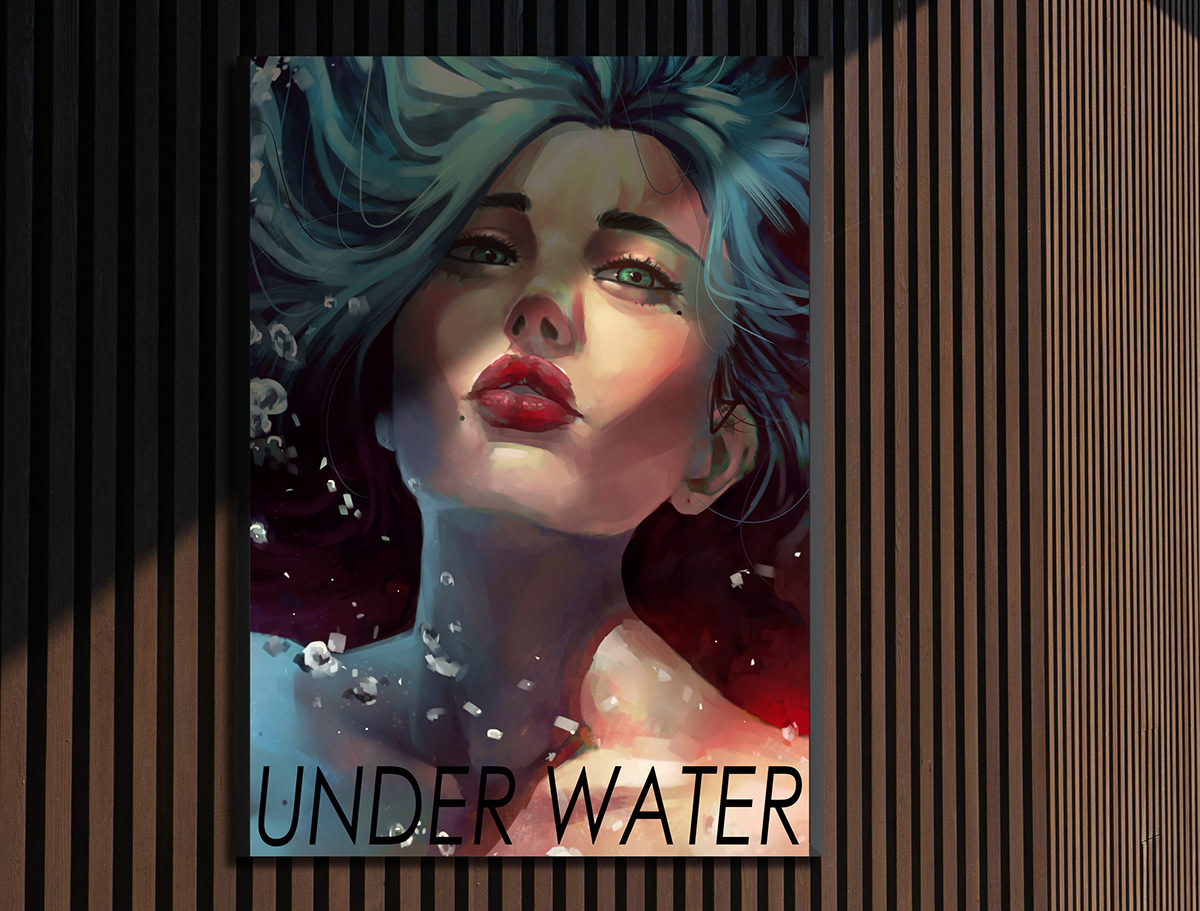 Advertising  poster banner ILLUSTRATION  vibrant colorful abstract underwater digital painting portrait