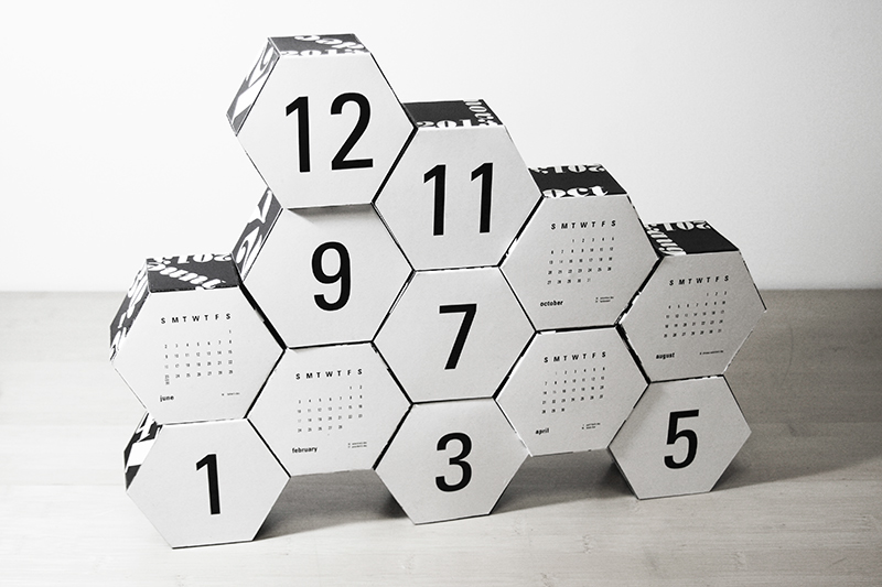 calendar hexagon toy modular risd Typography II  months days time black White numbers dates building blocks