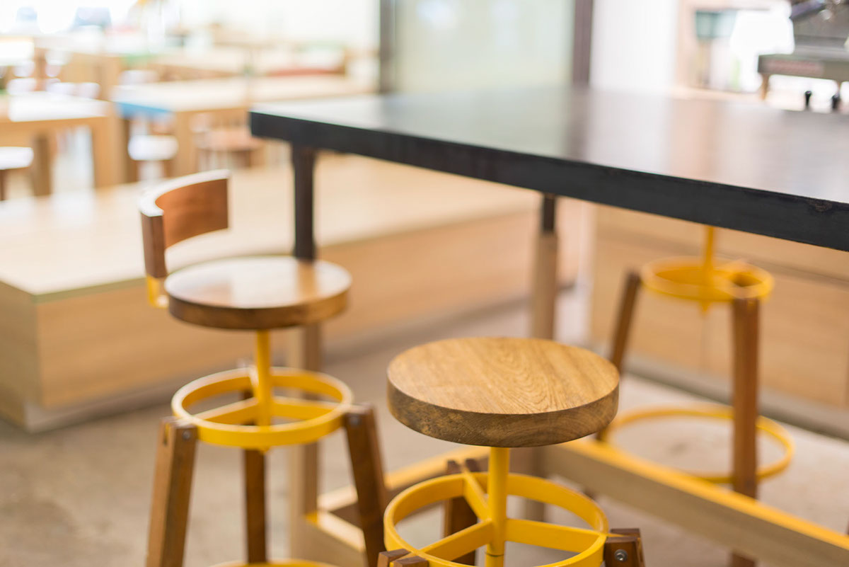 Coffee colours colors Manila philippines cafe Playful happy Workshop simple clean wood stools menu furniture