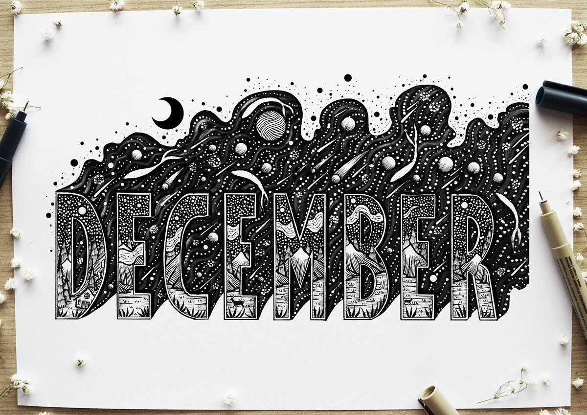 2019 calendar new year calendar illustration calendar HAND LETTERING illustrated letters typography illustration Landscape space art black and white