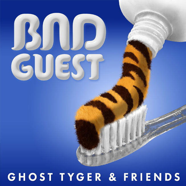 A toothpaste tube squeezing a hairy tiger's tail onto a toothbrush.