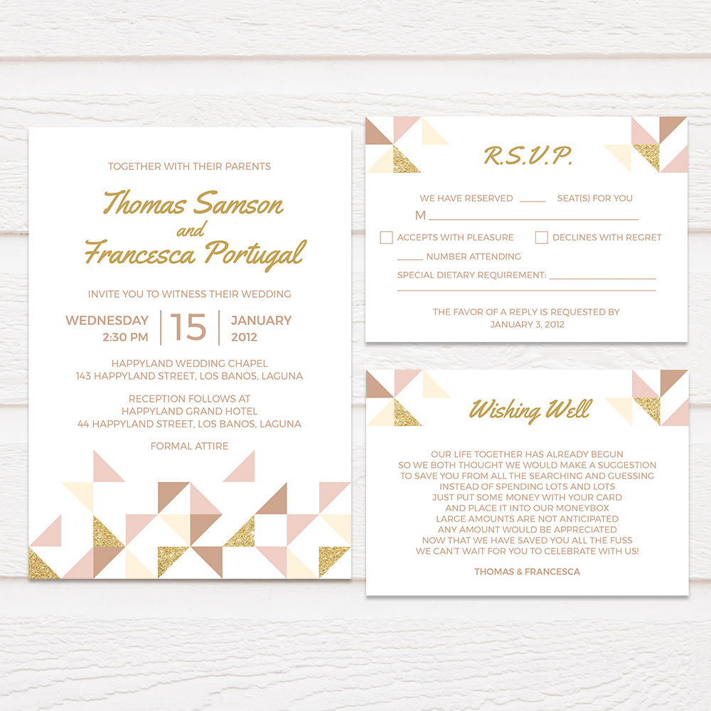 wedding templates downloadables printables DIY invitations geometric gold blush pink Glitter