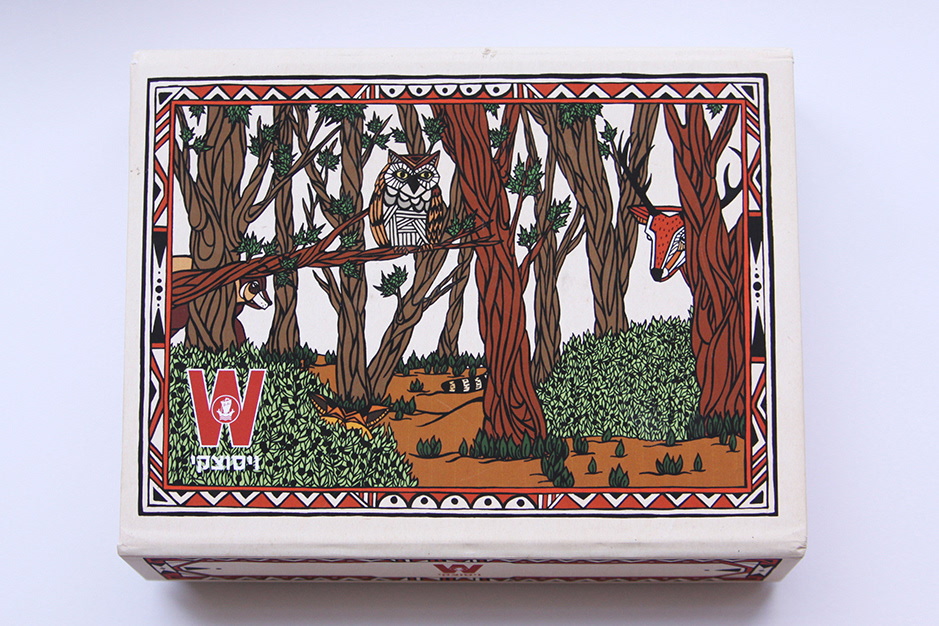 tea box forest wood animals trees raccoon bear deer FOX bunny owl ink