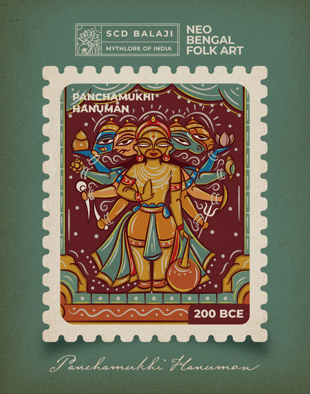 Indian Mythology Hanuman Illustration in Bengal Pattachitra Indian Folk Art