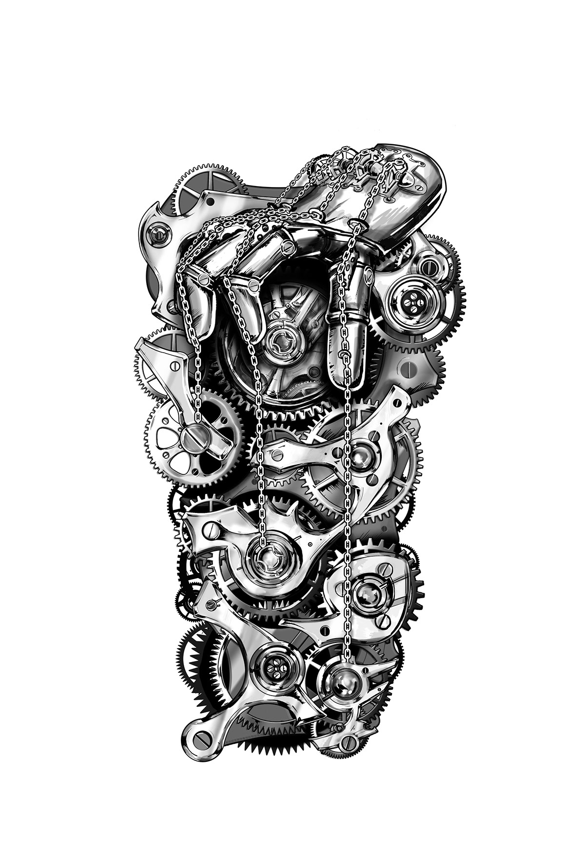 tattoo gears chains clockwork leonardo amaya ink hand pulling strings concept inked