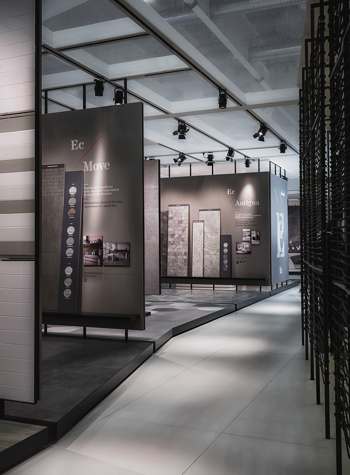 ceramics  cersaie milano minimal black digital mdf tiles rope brown showroom Suspension styling  frame