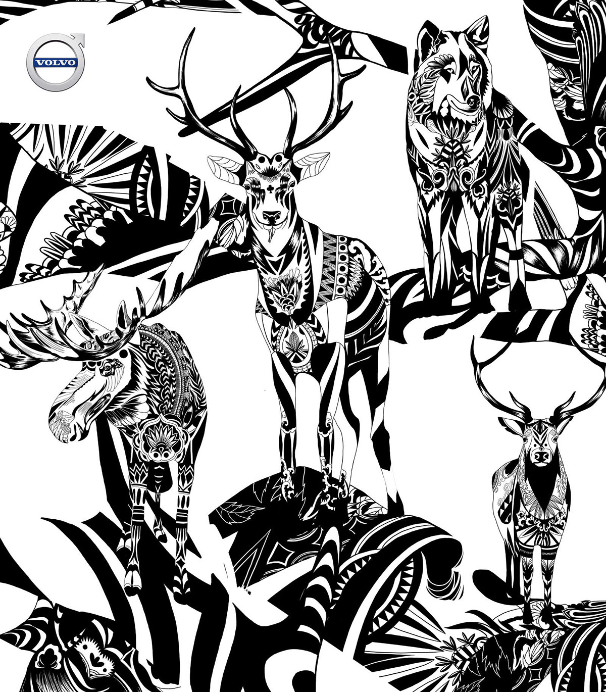 Mural black and white design art live drawing Volvo Cars animals Scandinavian graphics wolf elk moose forest