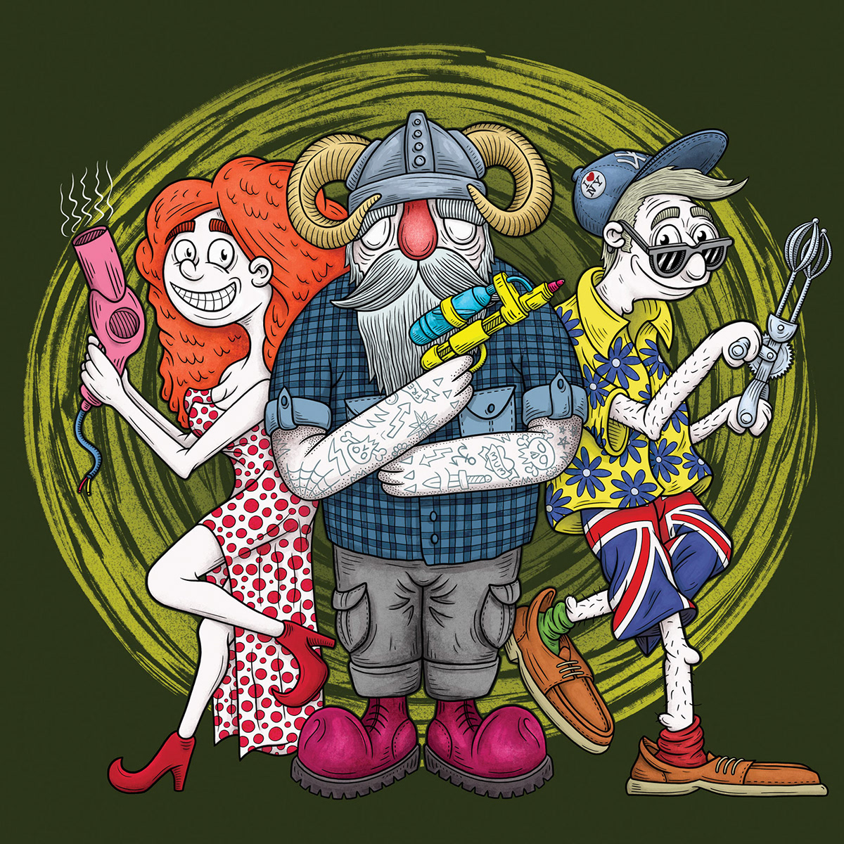 Charlie's Angels style illustration featuring three characters: tattooed Ivar, Bob and loopy Freya