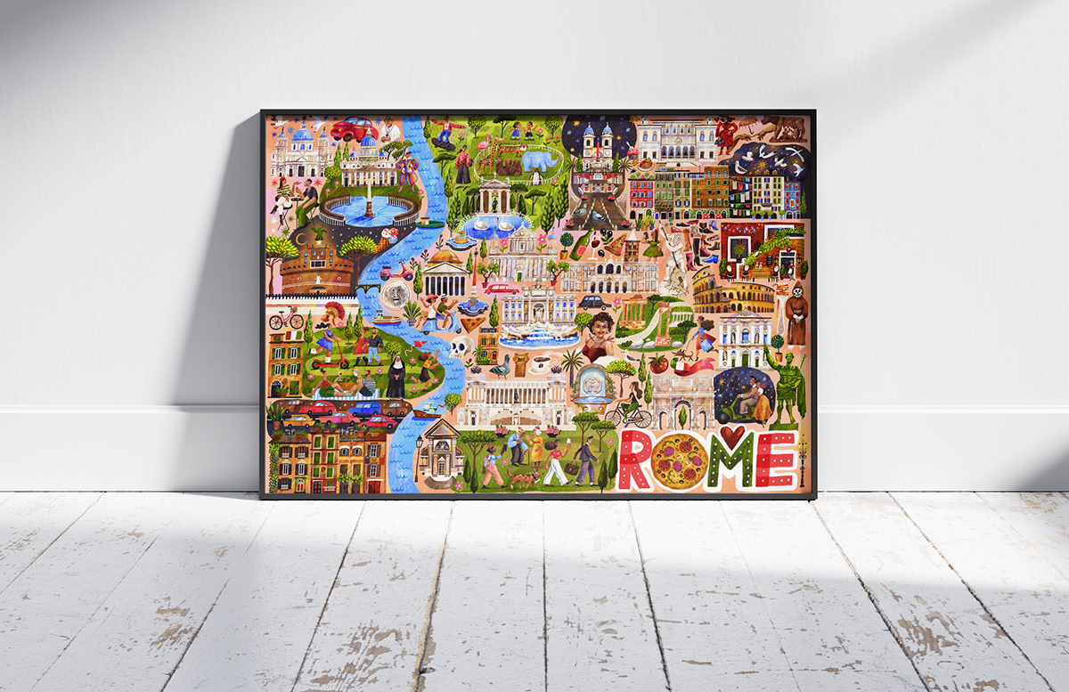 architecture children cute Italy jigsaw puzzle map people Rome tourist whimsical