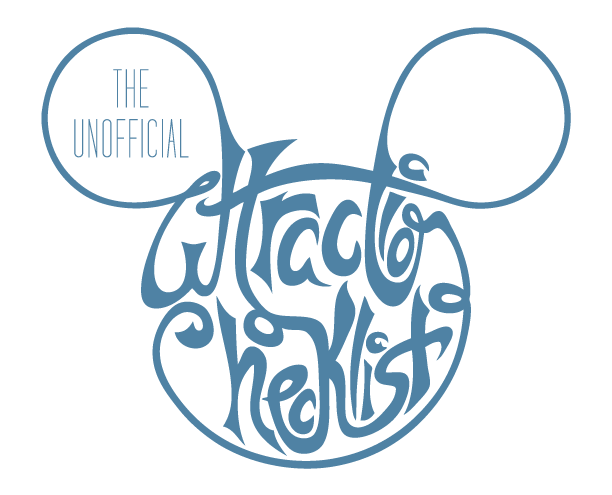 Walt Disney World attractions checklist poster logo hand drawn lettering pattern