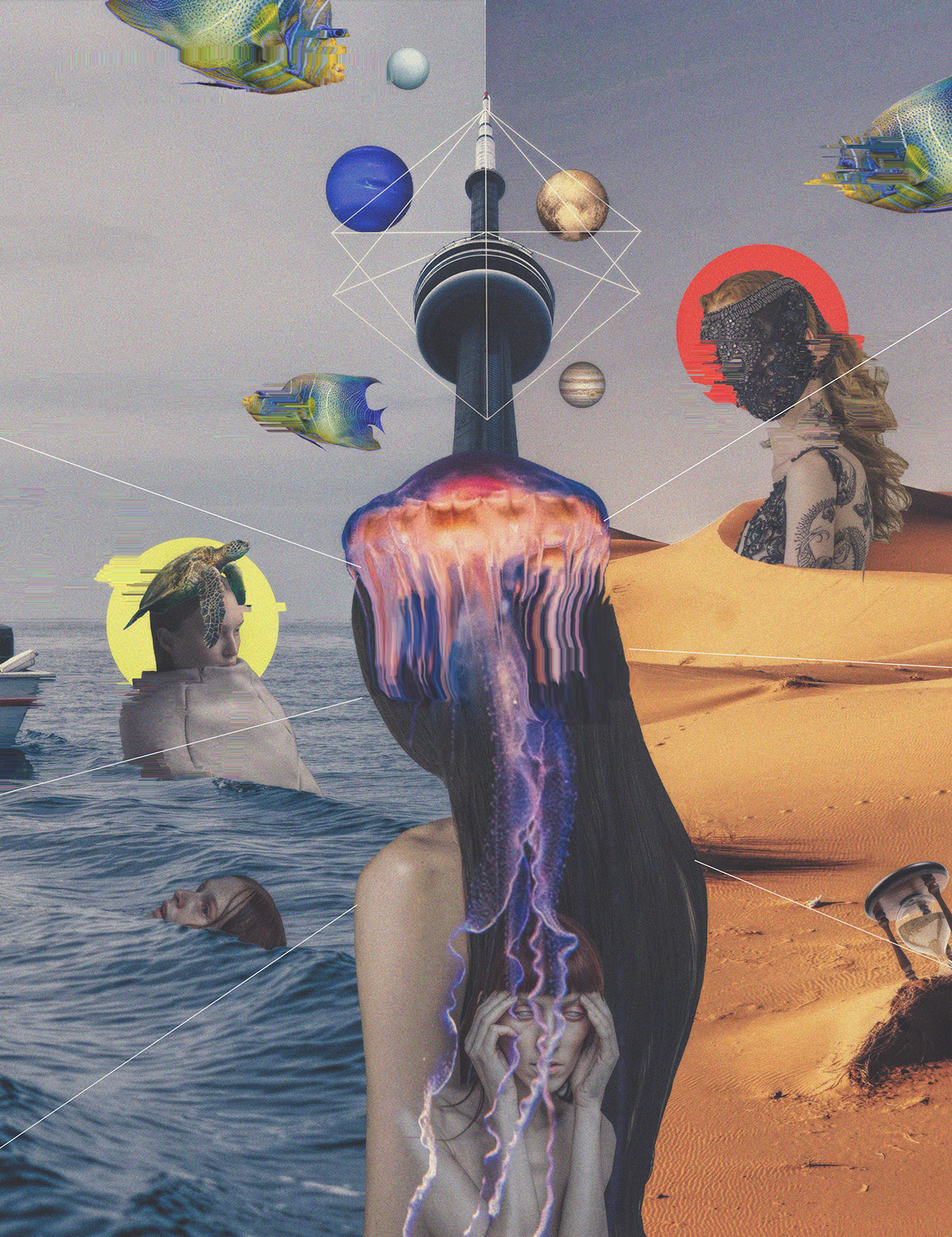 jellyfish Unique collage girl faceless fish sea sand color digital