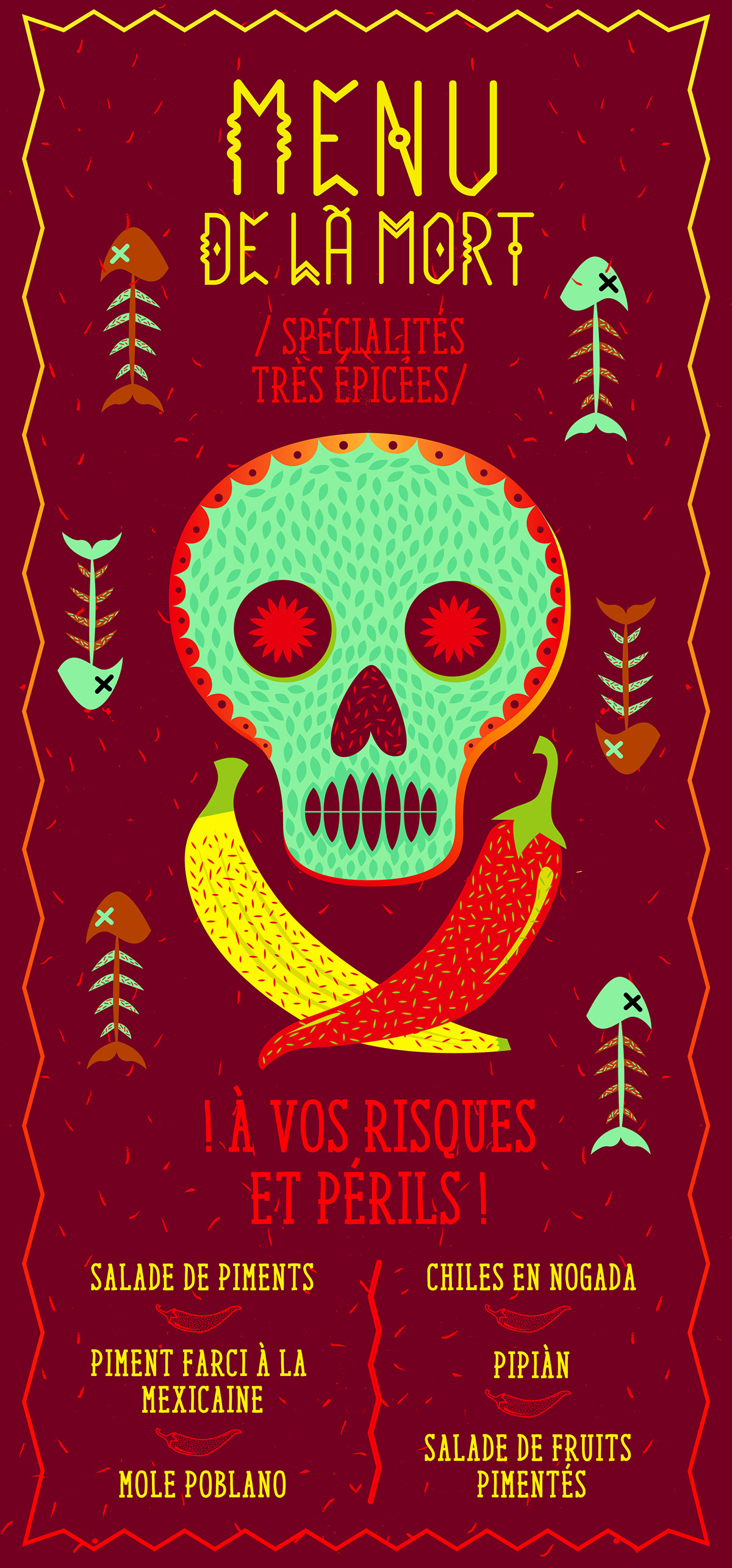 skull day of the death Mexican poster graphic design affiche menu spicy pepper chili frame print banana