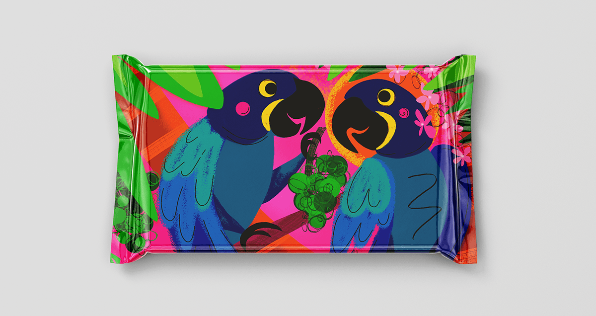Cheerful and tropical illustration for packaging and products with a couple of hyacinth macaws.