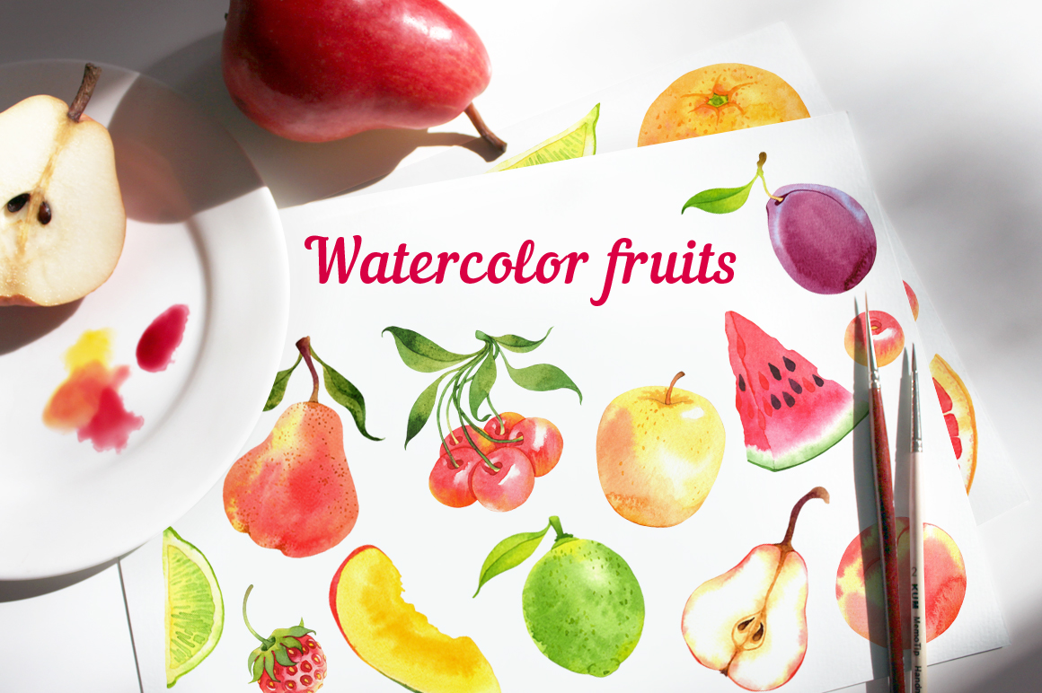 watercolor Fruit pattern apple cherry berry watermelon Pear Plum peach lime orange Mango lemon citrus