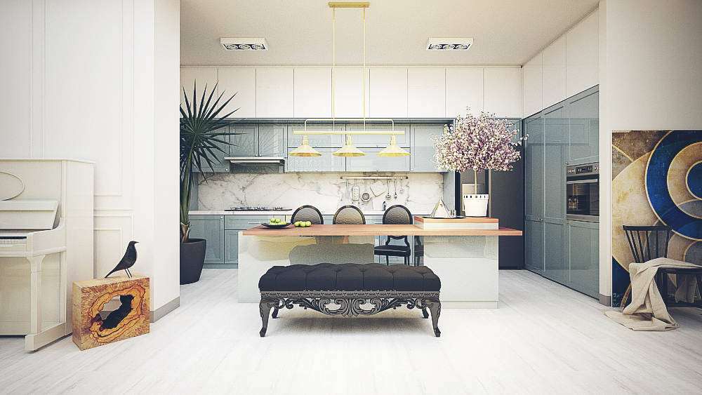 Classic Art Deco neo classic blue Brid kitchen livingroom luxury