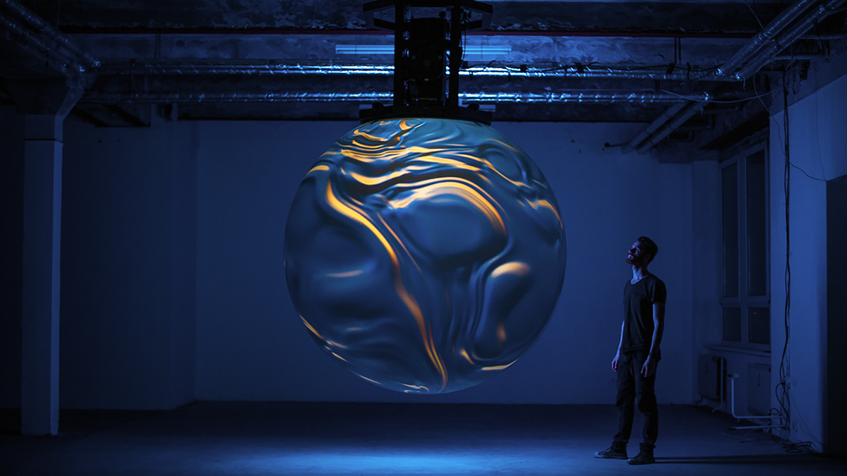sphere installation interactive Sound Reactive kinect puffer sphere projection light and sound immersive experience sculpture Art Installation Exhibition  artificial intelligence ai light art