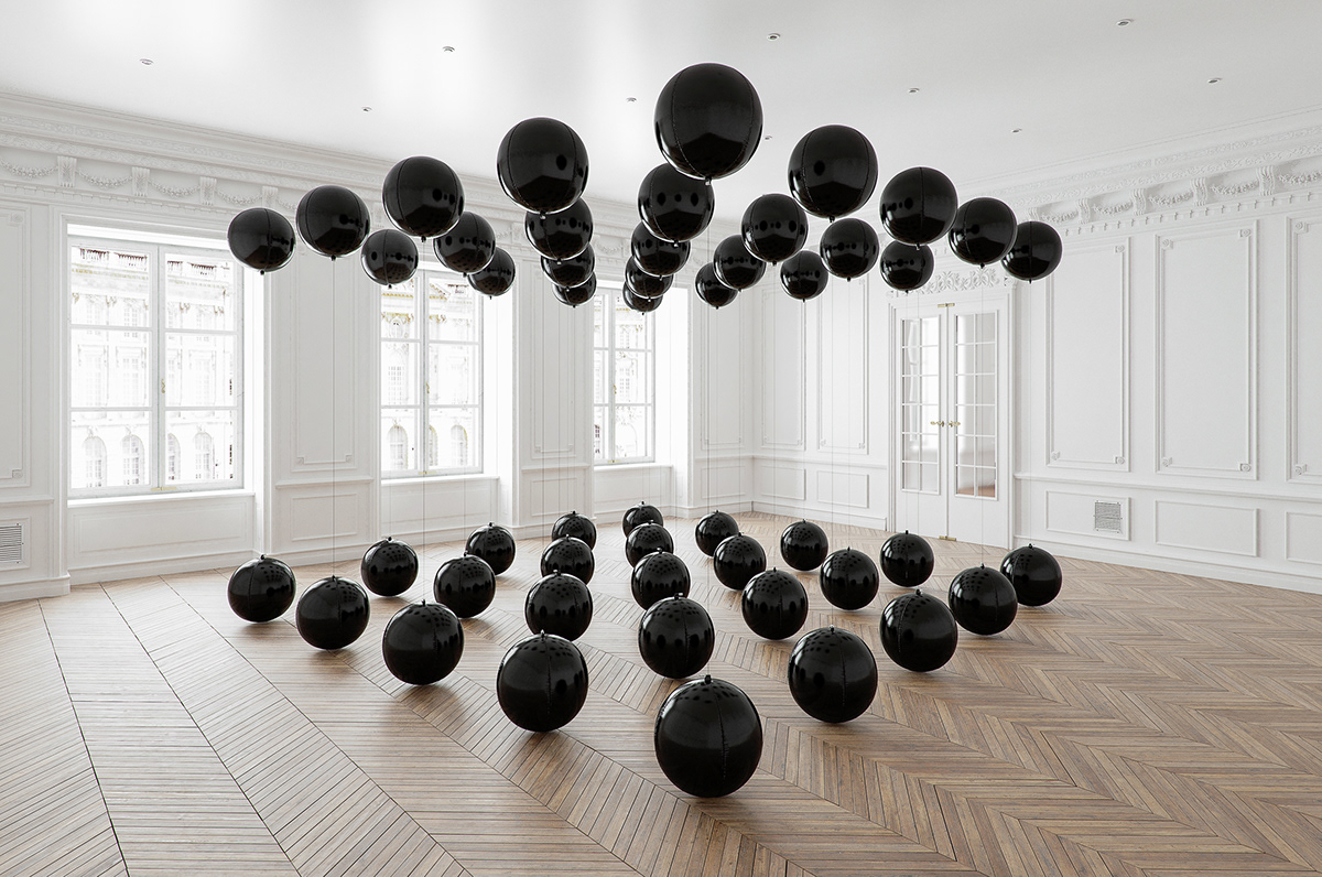 Contemporary art installation "Black Balloons" by Tadao Cern 