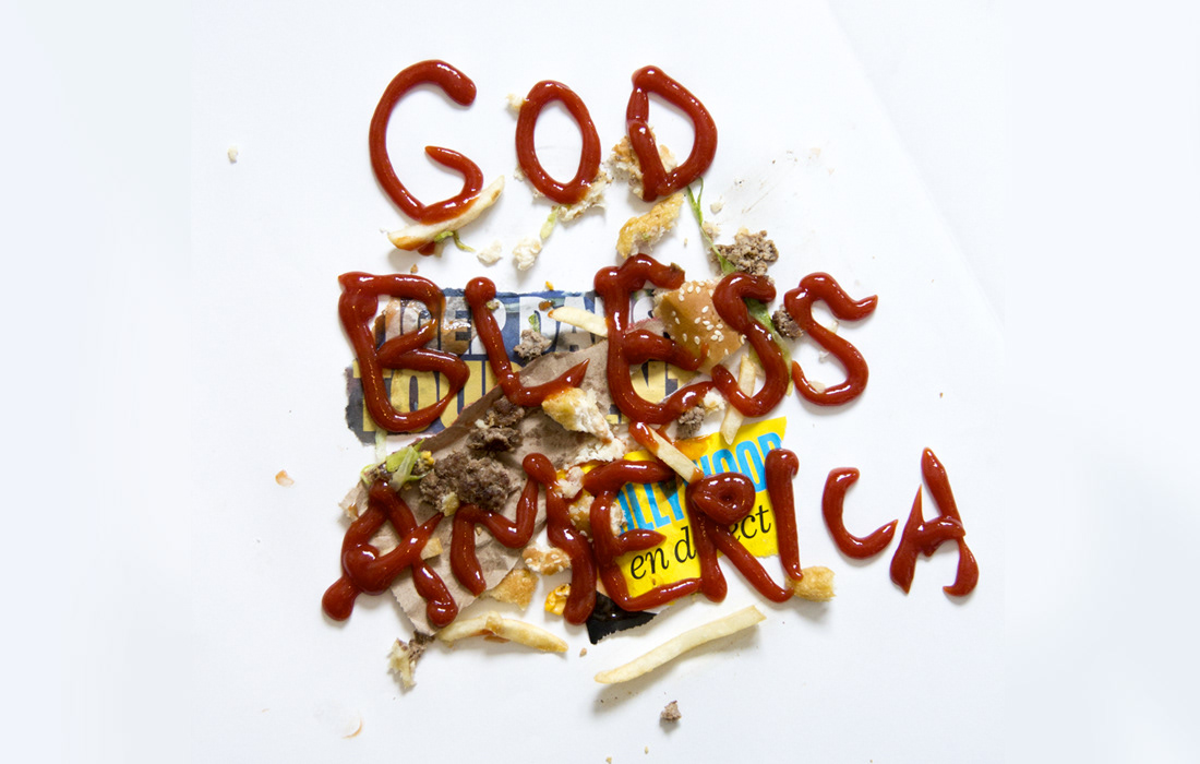 God bless america usa united states Fast food ketchup hamburger jesus cross poster affiche