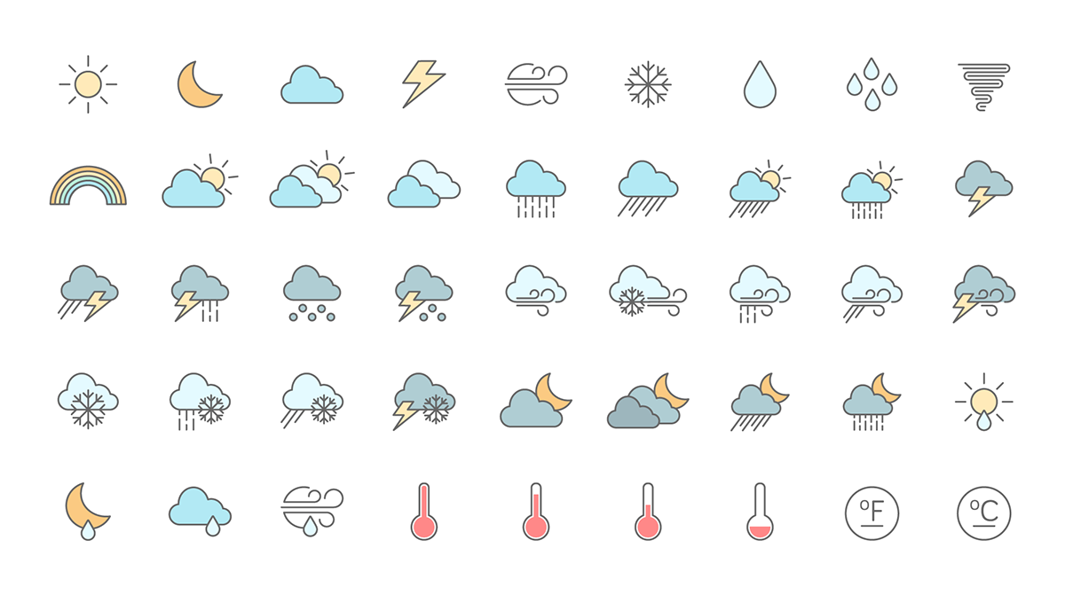 Weather Icons íconos del tiempo Sun clouds storm snow wind Sol nubes tormenta nieve viento