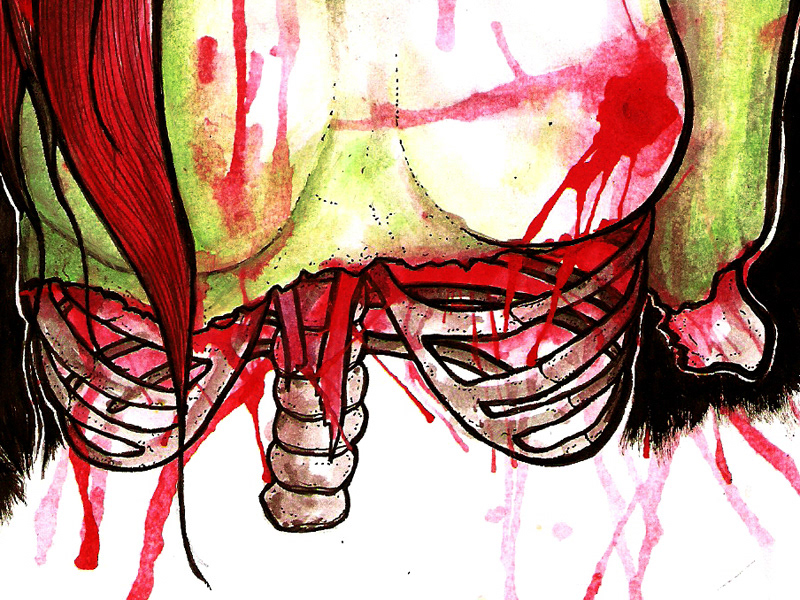 zombie watercolor bones skeleton ribs blood redhead girl
