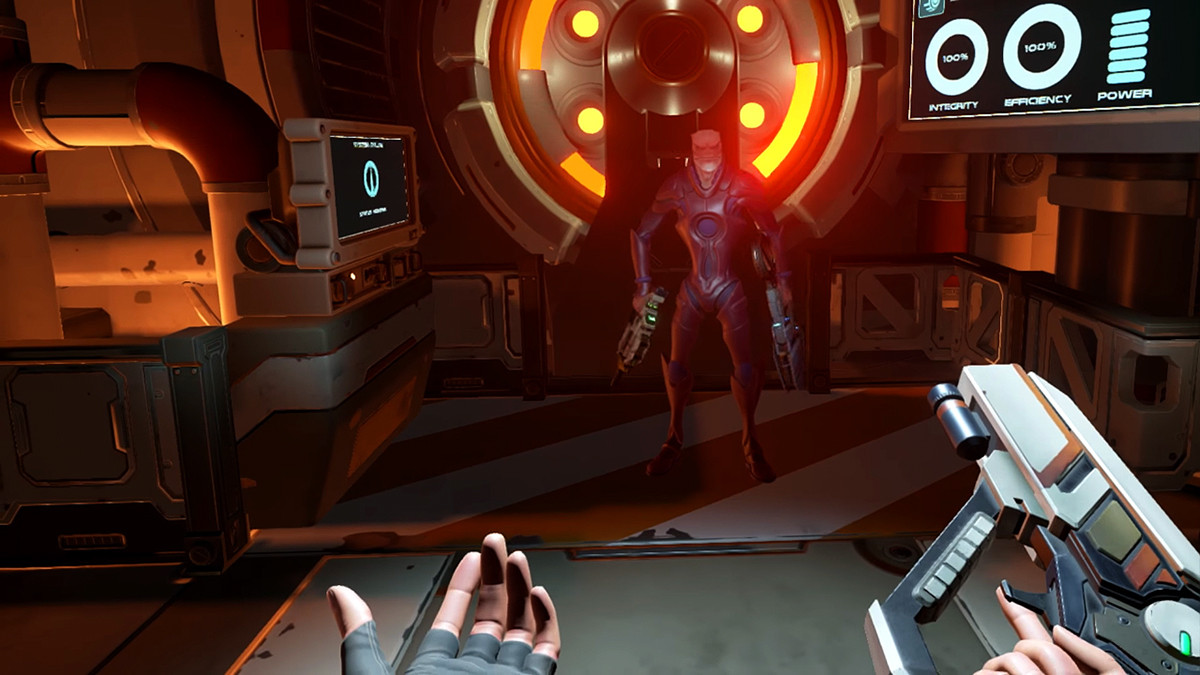 Virtual reality vr UI ux game design  Gunfire Games Oculus From Other Suns GDC user interface