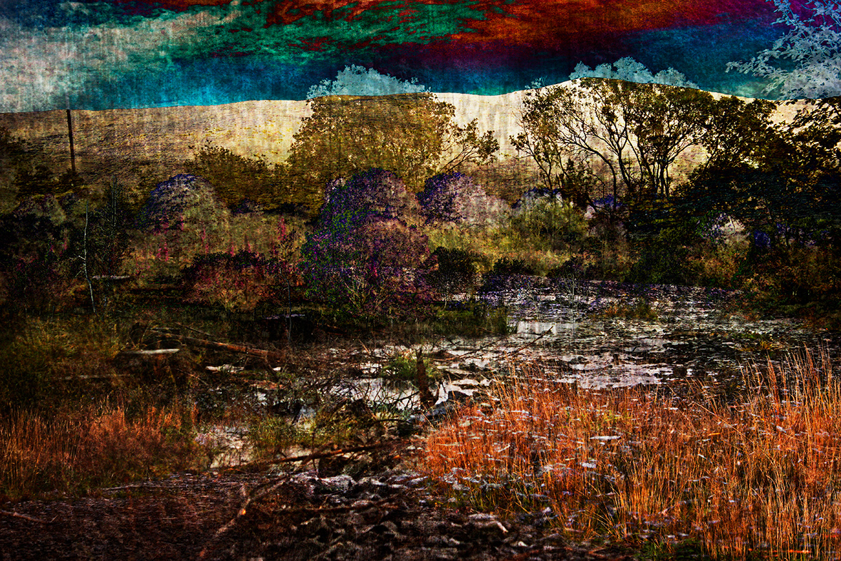 Digital montage - Landscape Ireland grunge rural textured imaginary vistas lakes trees lanes Colourful  layered photoshop art Nature