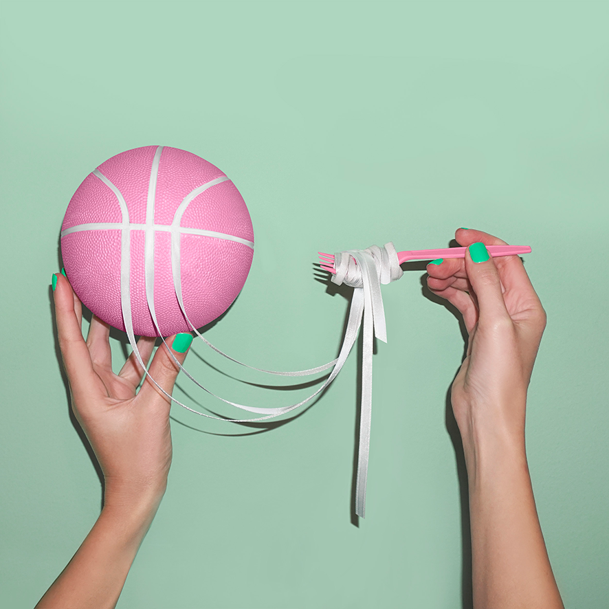 basket ball pink spaghetti fork lines surreal prop