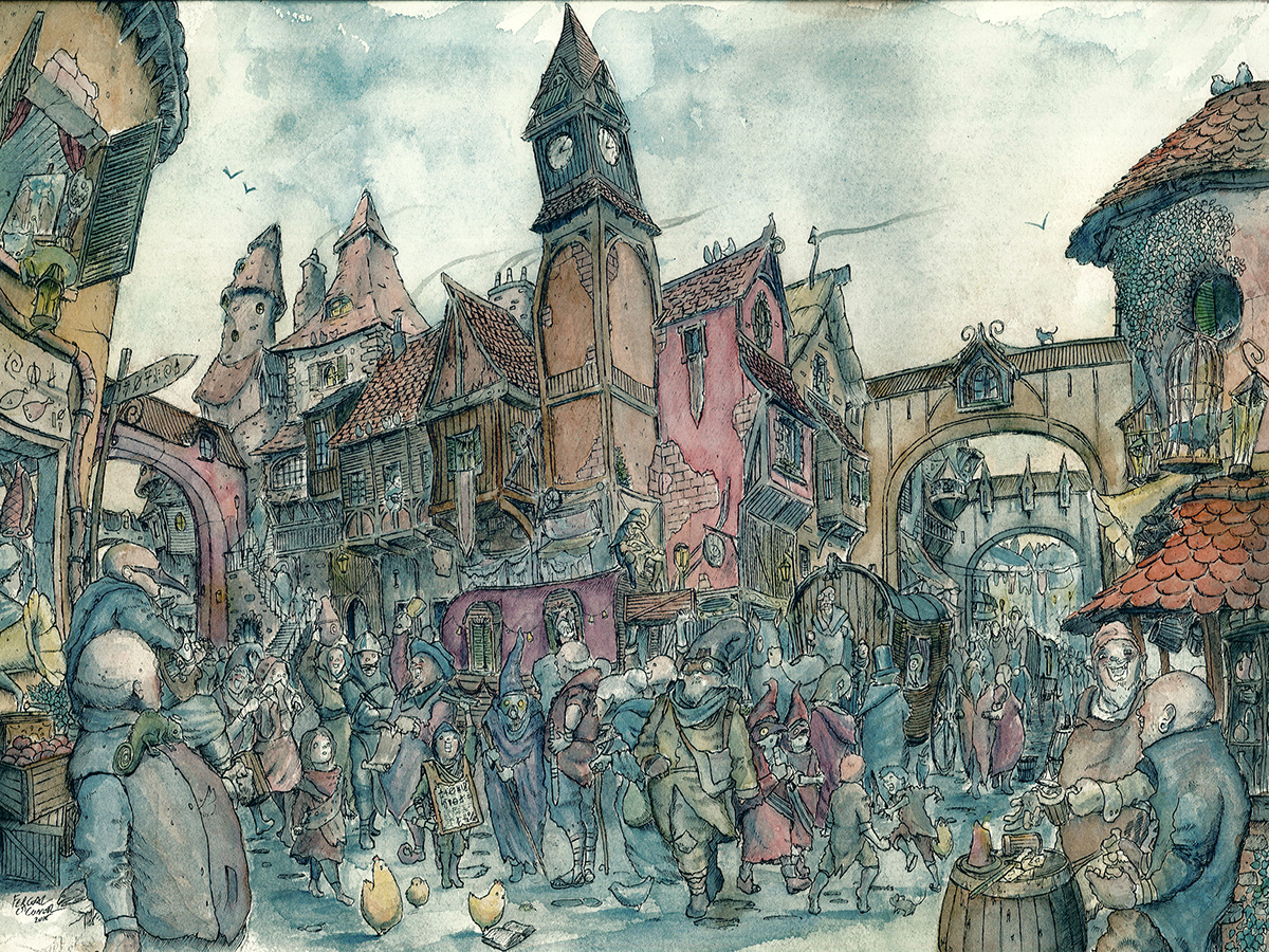 crowd people fantasy buildings Street market irish Watercolours Fineliners ink story detail lane characters