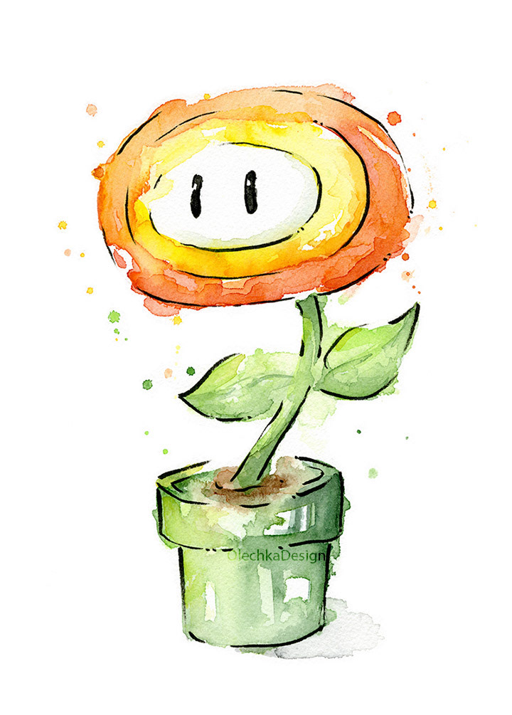 mario watercolor Nintendo paintingvideo game mario bro mario watercolor Mario art Fan Art nintendo fan art olechkadesign yoshi Luigi Piranha Plant Fire Flower