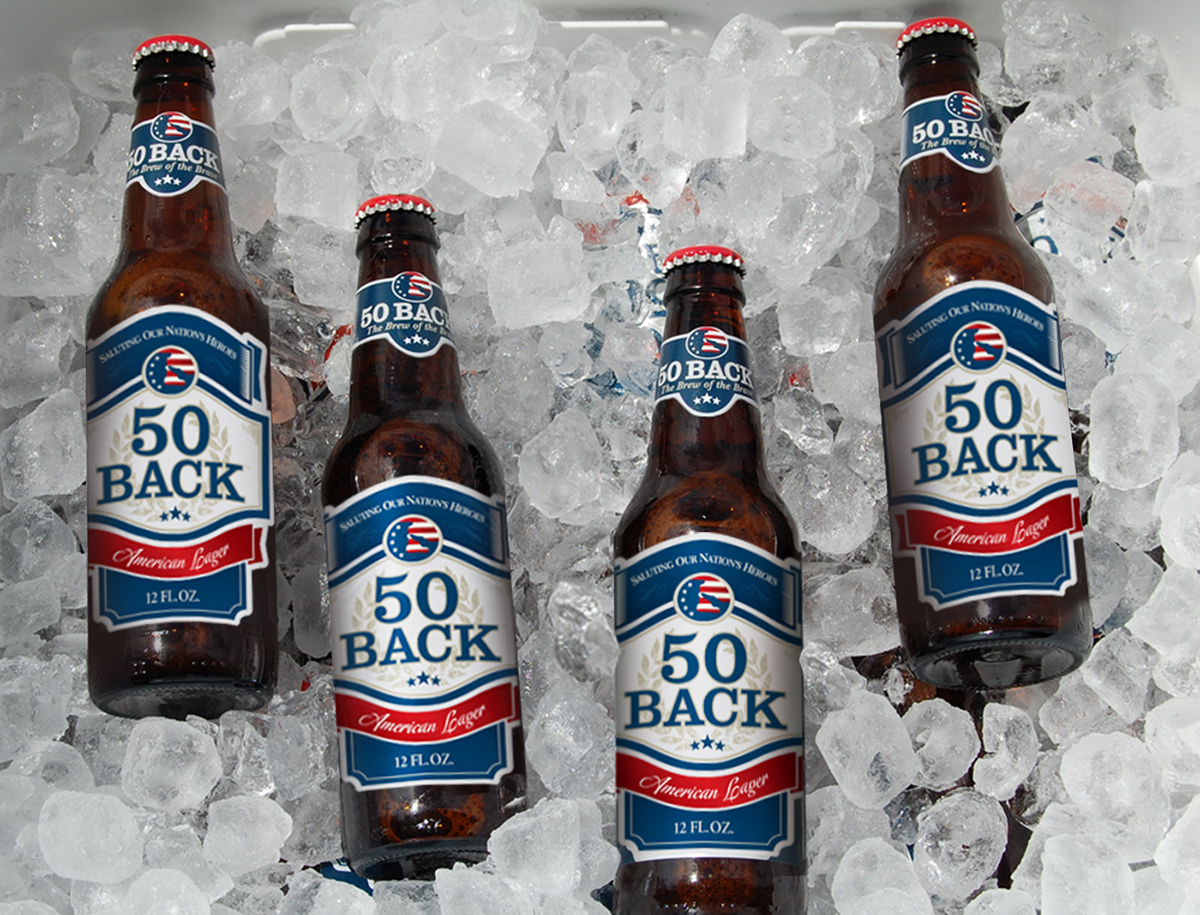 Packaging brand identity beer bottles 6-pack 50 Back Fine Beer Purveyors soldier salute stars stripes flag patriotic charities veterans