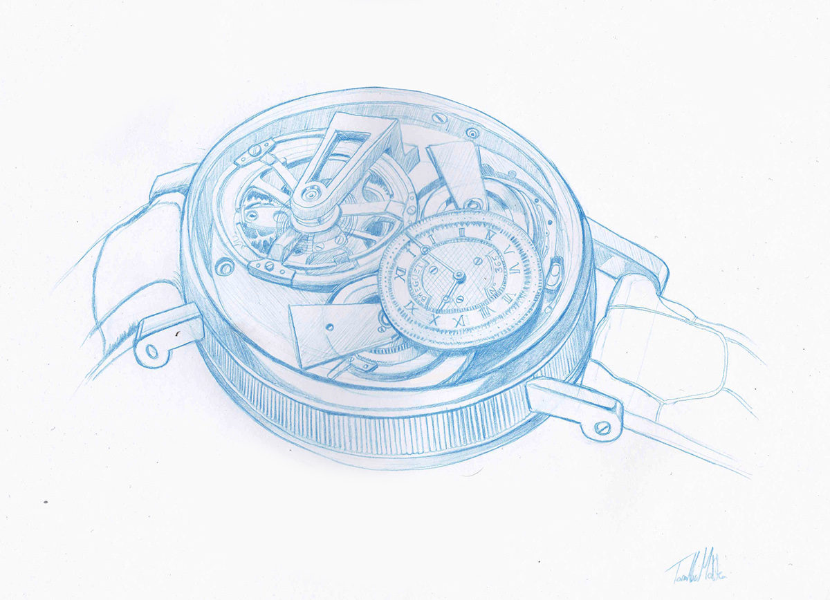 draw sketch watch design industrial graphic pencil luxury technical swiss Switzerland jewel Mechanic mechanism Project