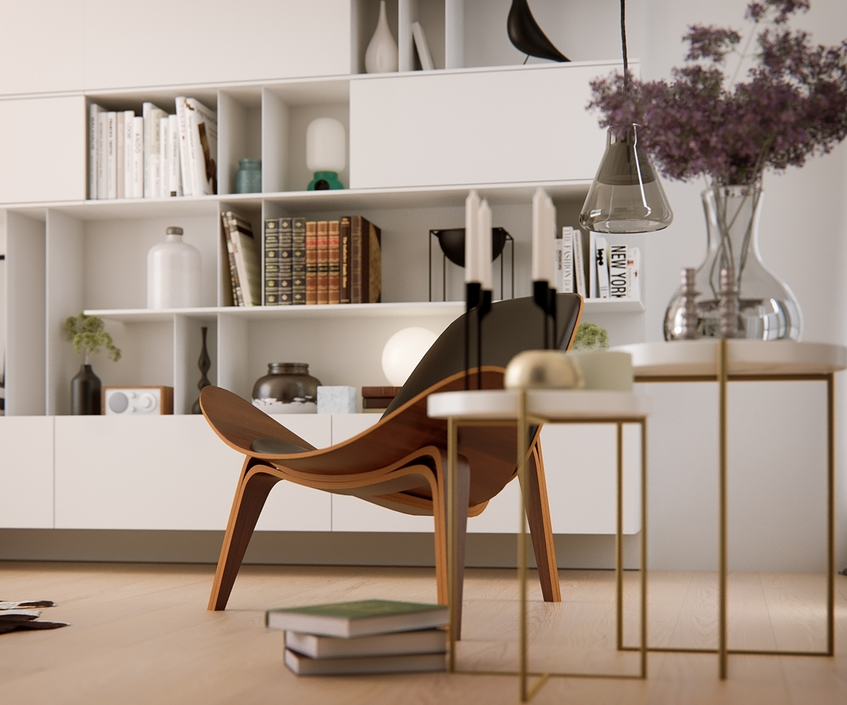 Scandinavian poliform shell chair  carl hansen vray 3ds max photoshop archiviz archviz CGI Render 3D living room Archivis Architectural Visualisation