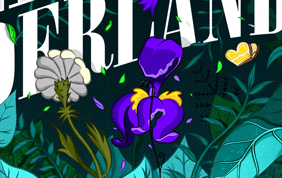 alice in wonderland disney alternative poster movie Exhibition  vector Nature Flowers lettering wacom adobe Illustrator Screenprinting print