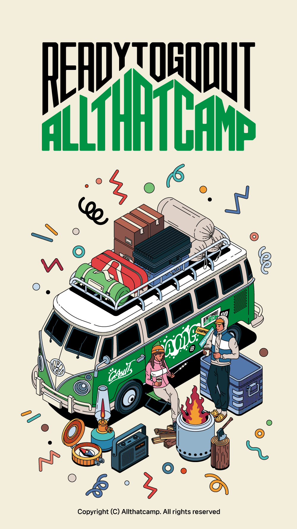 J-EIGHT camping Camping illustration Outdoor ALLTHATCAMP Isometric line illustration microbus