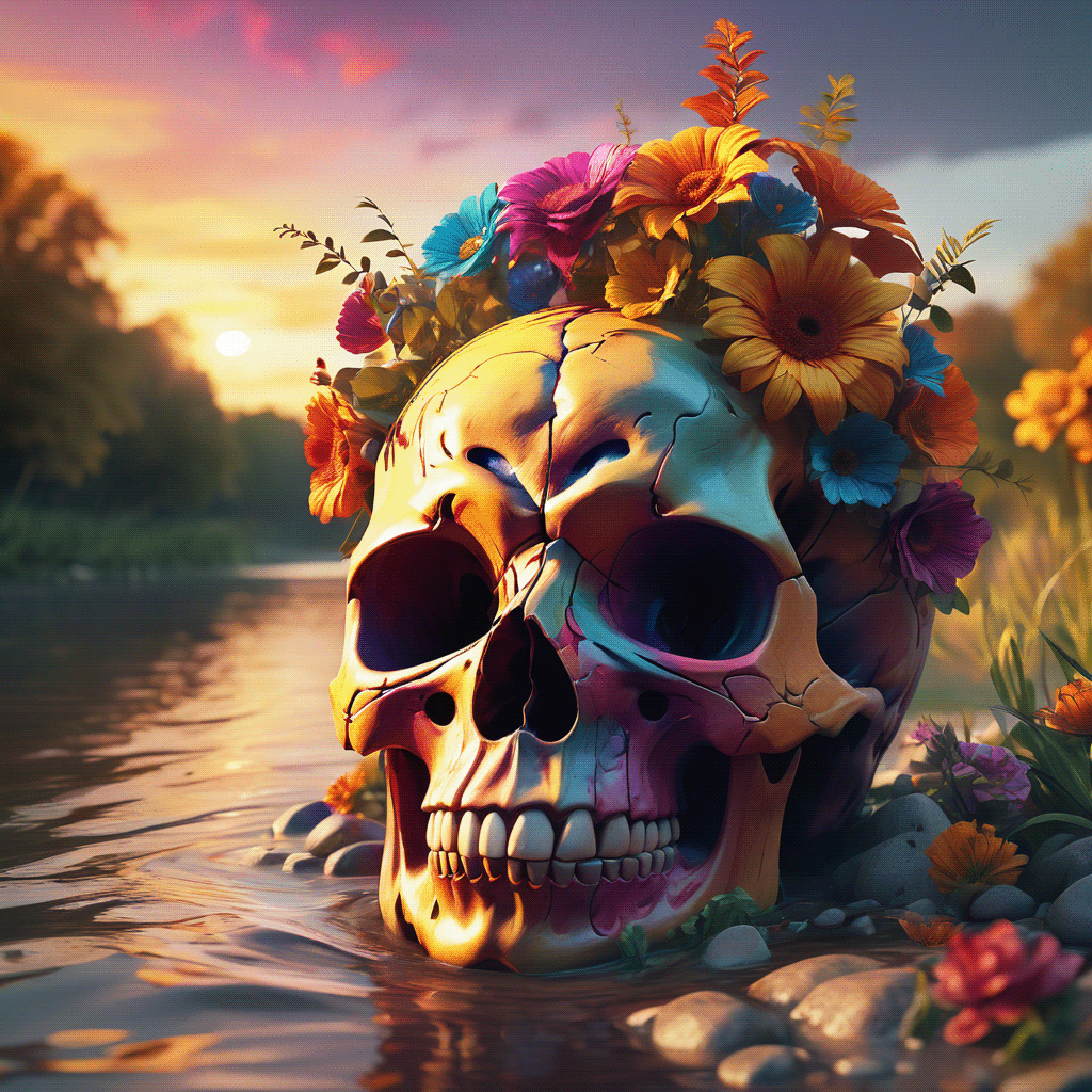 skull ILLUSTRATION  Flowers colors Sunrise sunset river poster Poster Design Digital Art 