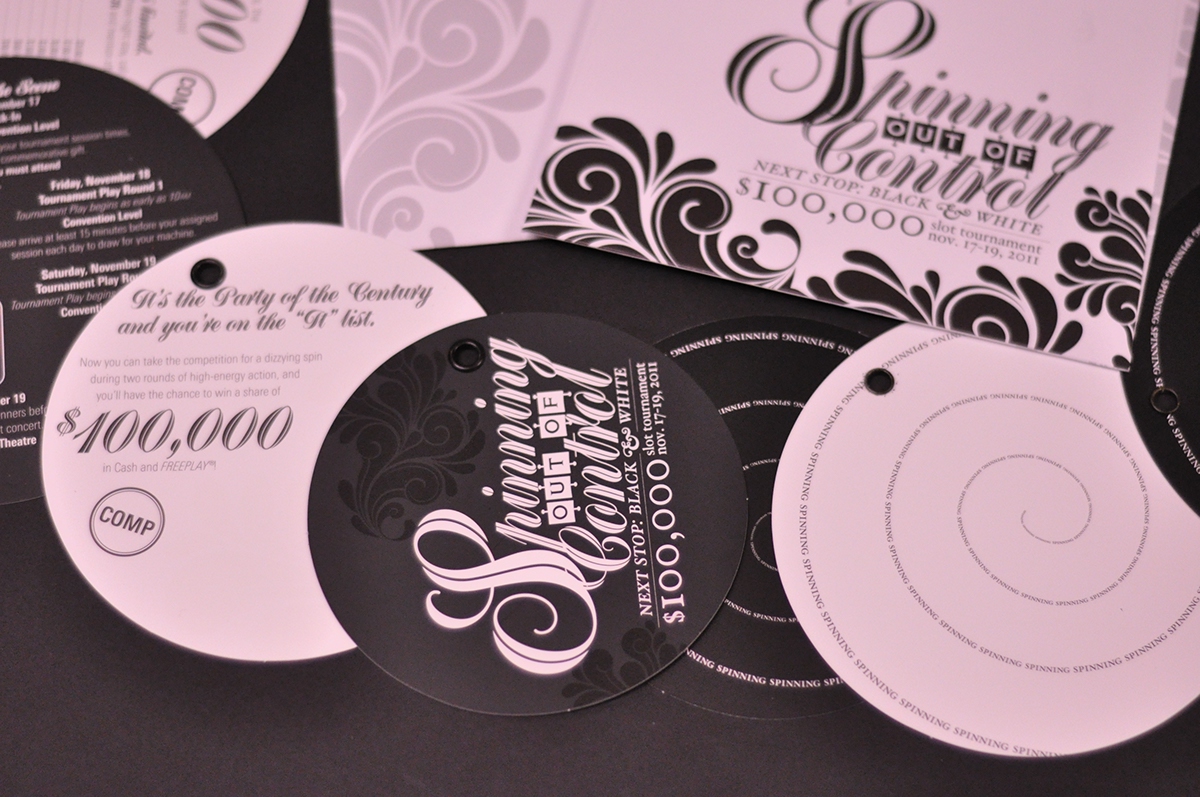 soft touch invite Invitation casino Tournament black and white grommets Direct mail Spinning die cut