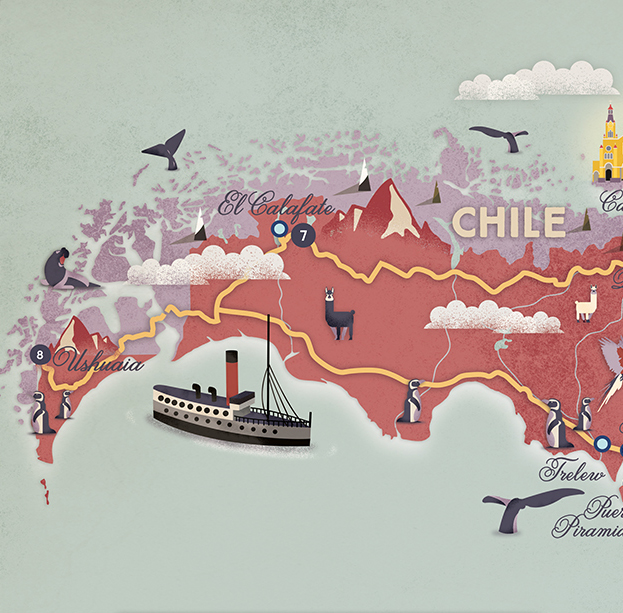 South America illustrated map Argentina map ushuaia chile tango