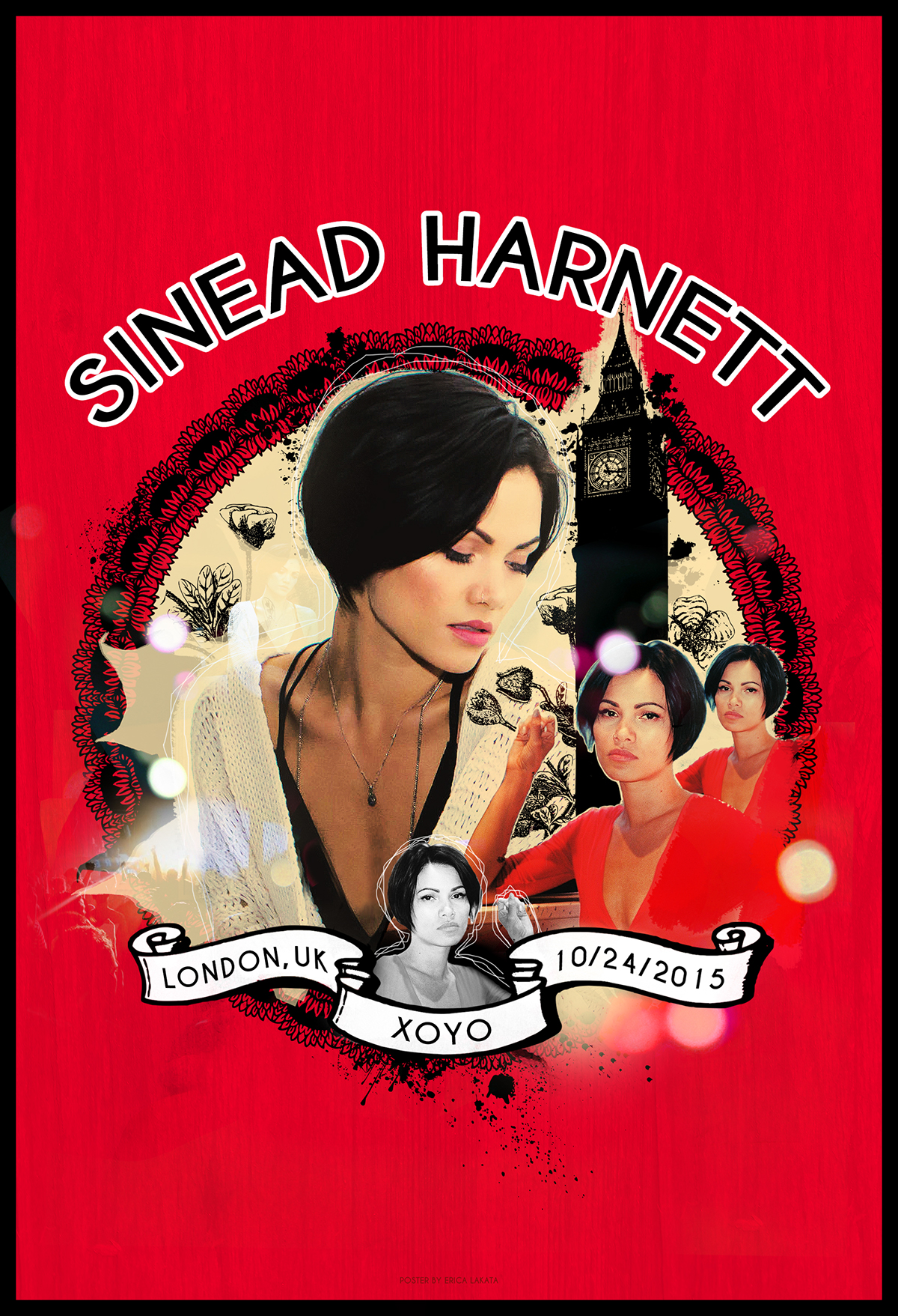 print poster gig poster concert Sinead Harnett London graphic design  Burlesque red xoyo