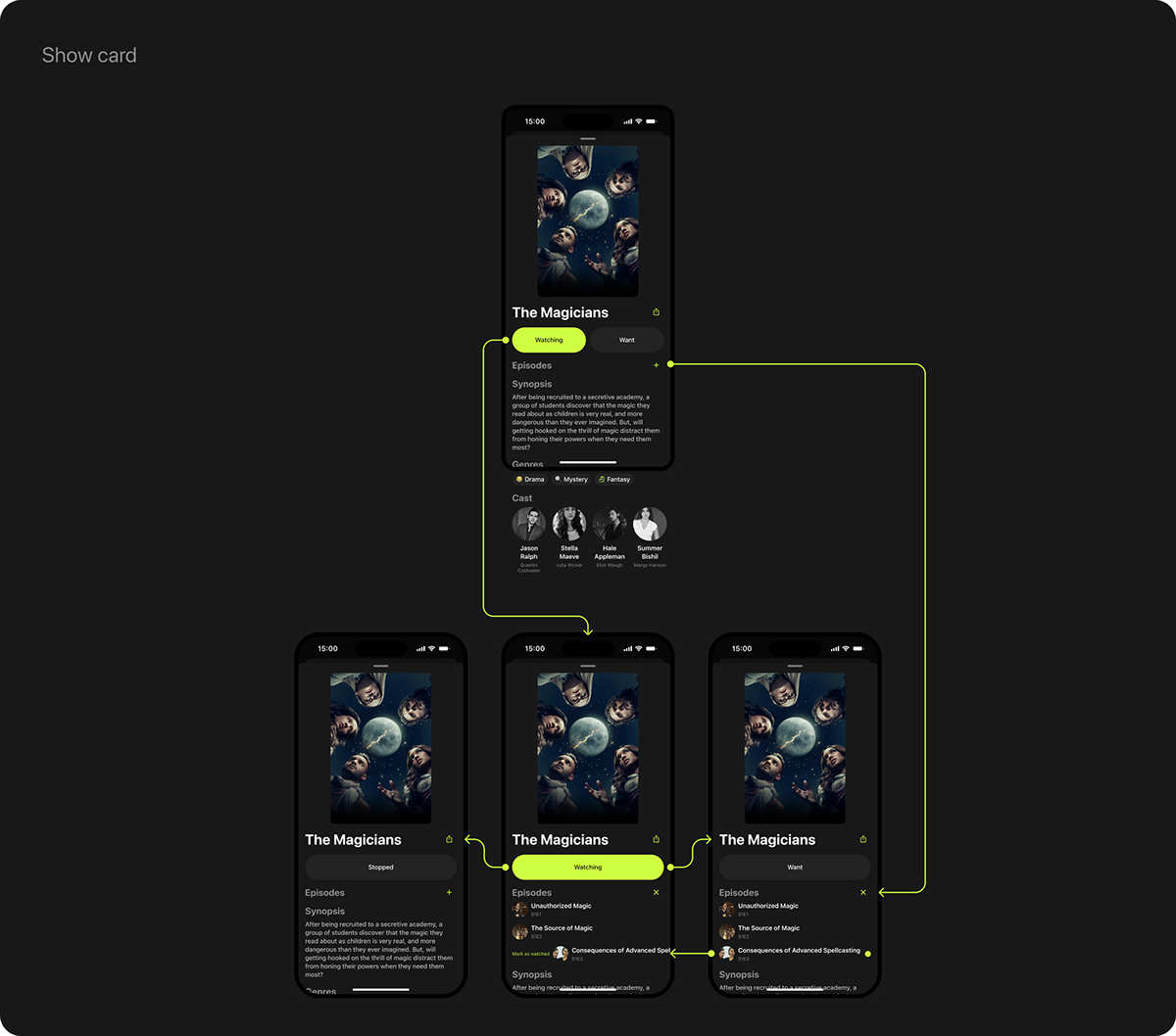 app black branding  dark design green Interface tv show UI ux