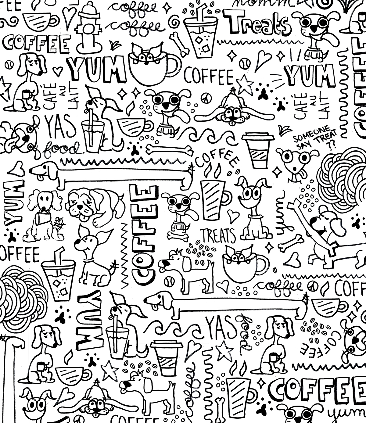 Mutt dog dog cafe puppy cartoon Cartoons drawings cafe restaurant Coffee coffee shop pattern quirky bakery