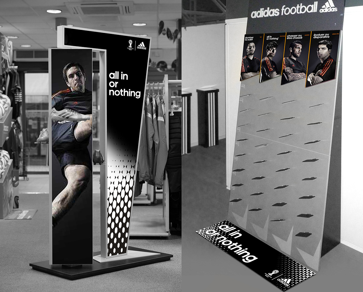 PLV pos world cup FIFA Brazil 2014 activation produit adidas battlepack Intersport Sport 2000 decathlon +2FOOT Espace foot Go Sport NSH
