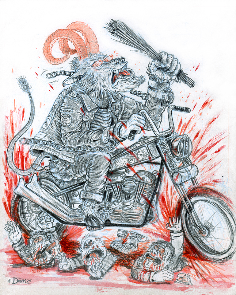 Kungfutoast Dominic De Venuta graphite illustration Original motorcycle chopper Holiday Event