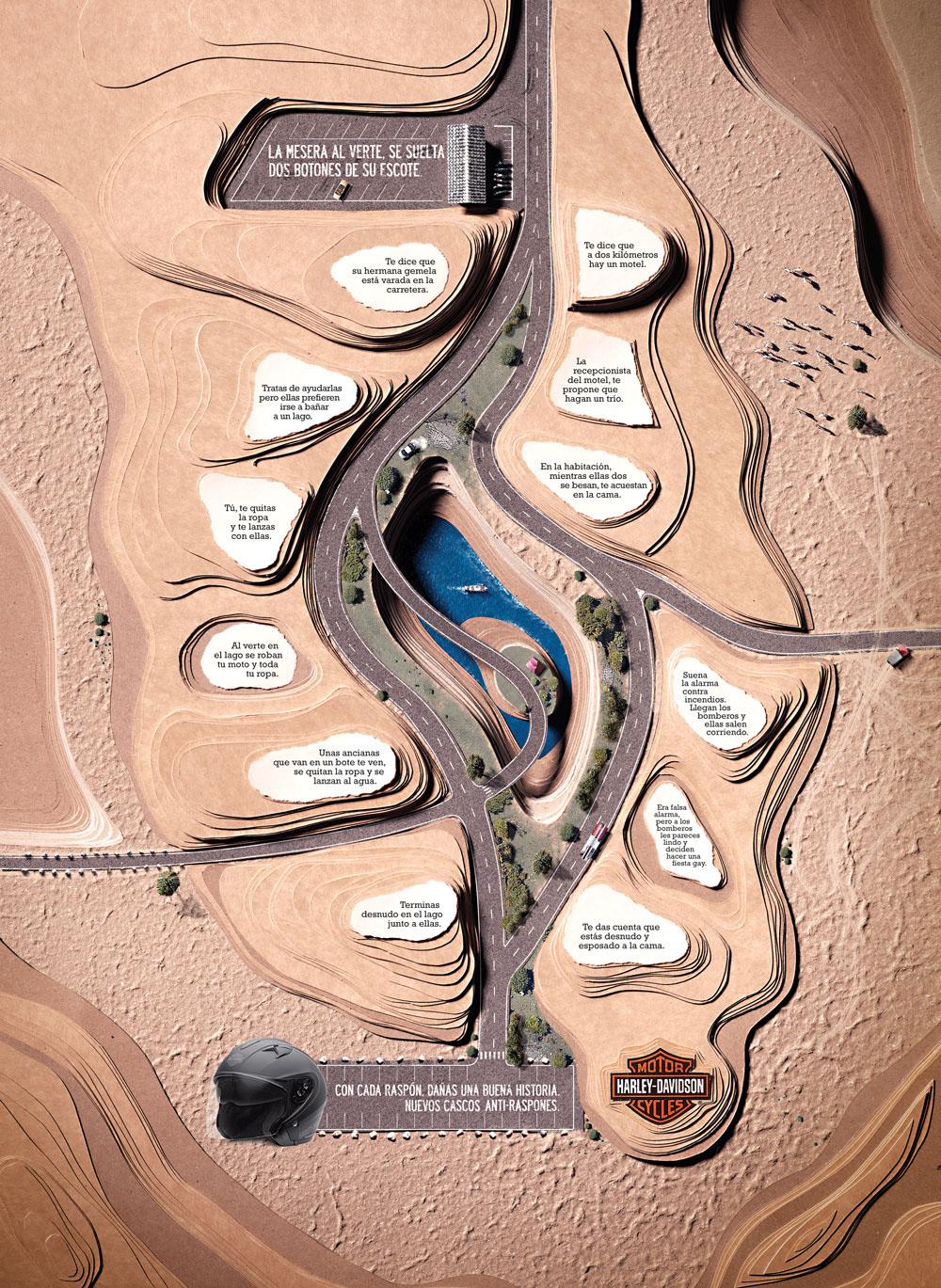 Harley Davidson handmade Hand crafts paper Julian Franky Rodrigo Tarquino Two Stories Rodrigo Tarquino Cannes lake collage hand made scratch and lose helmets desert terrain hostile paths highway harlists detail behind the scenes