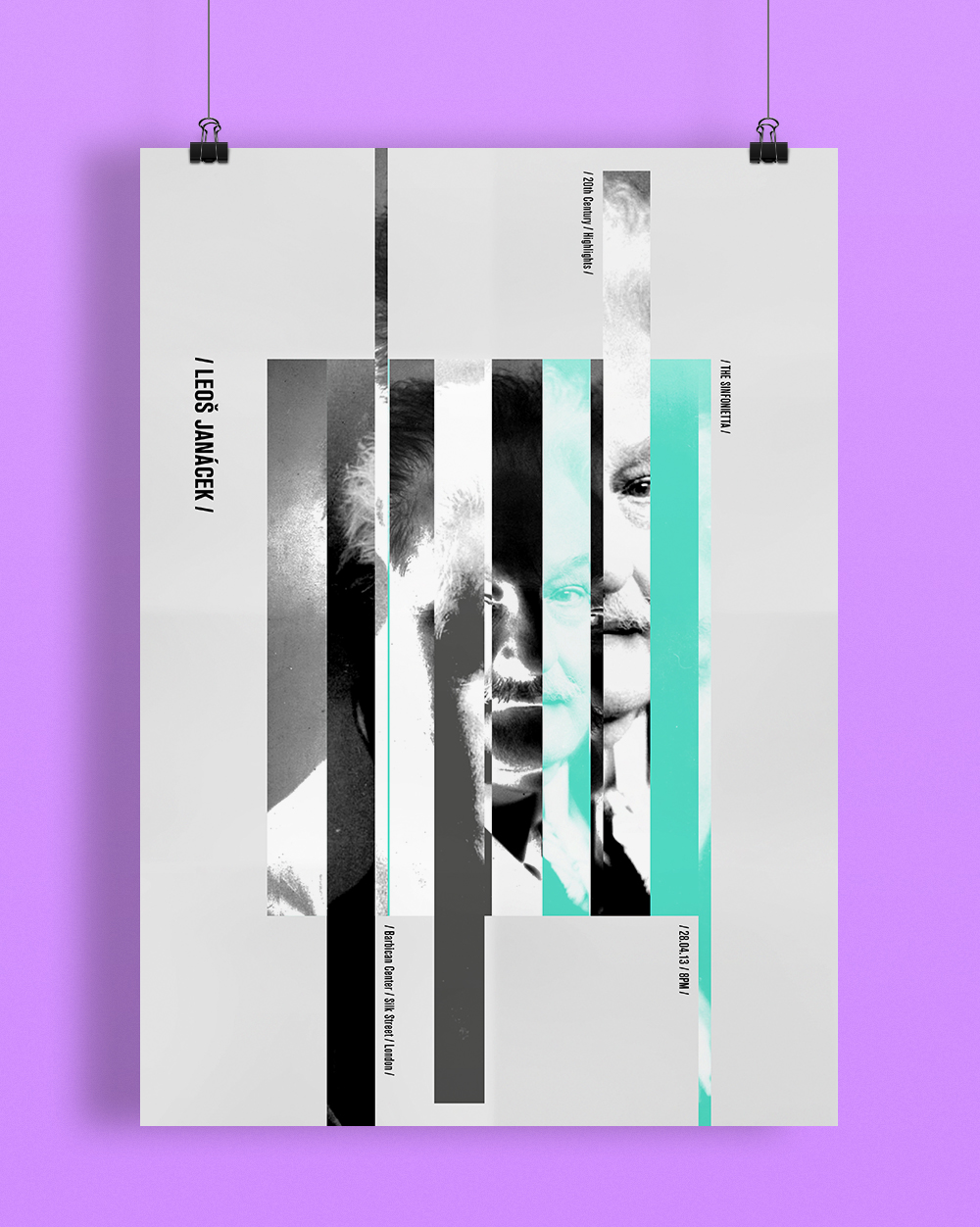 Poster Design music poster Leos Janácek  photo collage Minimalism Scandinavian design Expression handmade typo classic music turquoise grey purple fragments