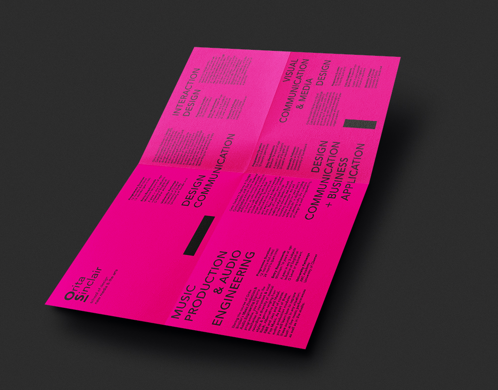 Orita sinclair brochure neon bright pink orange green information design new media arts