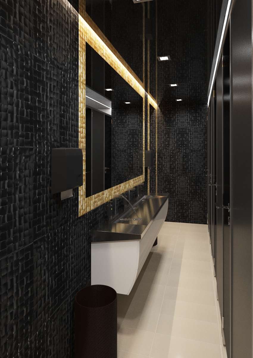 Interior contemporary Moscow design liventsova Restroom black gold White tiles aparici