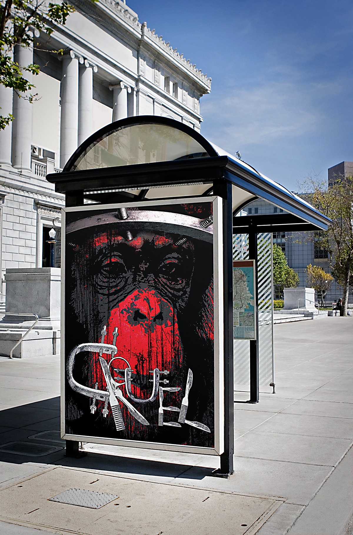 metal animals Cruelty Poster Design hand rendering flesh torn
