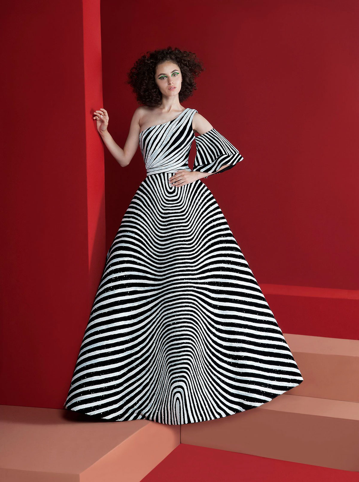 Paris haute couture dress fabric illusion pattern model stripes Fun