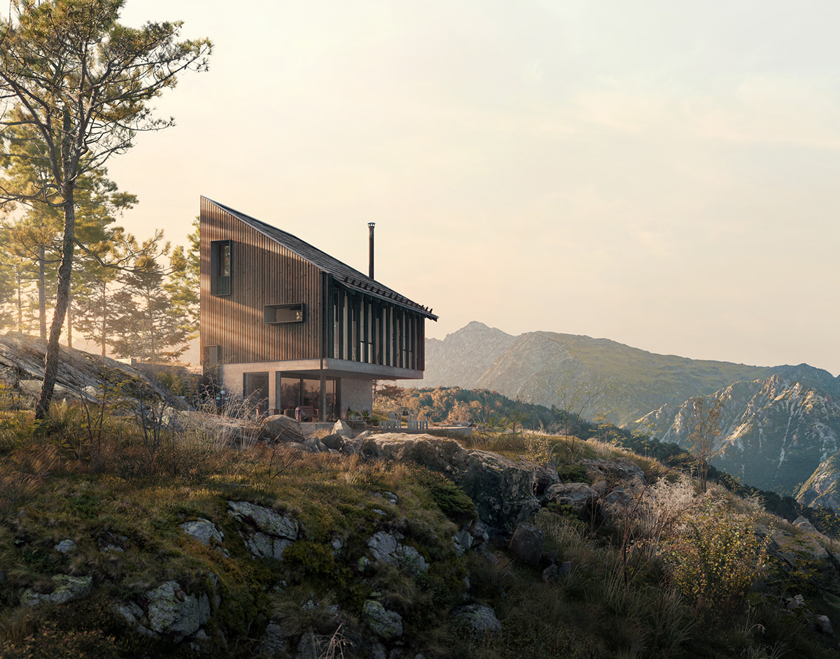 3D cabin CGI kaiserbold Mattepainting mountain Nature nordic Render visualization