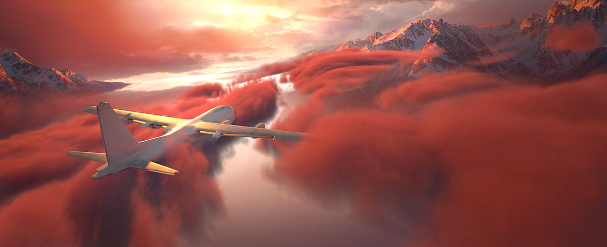 3D speedpainting Matte Painting clouds plane sea mountains sunset lighting light